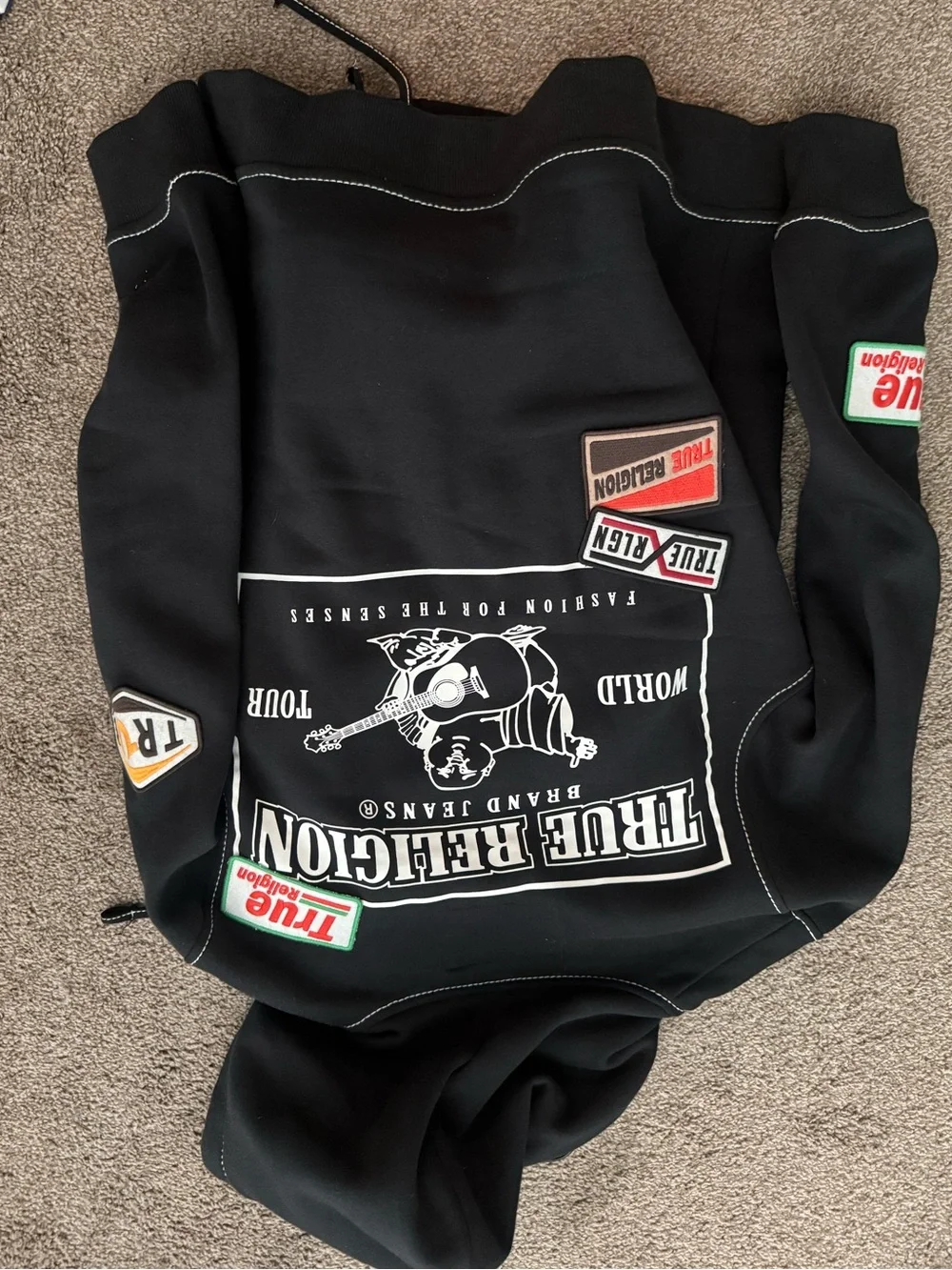 True Religion Black Zip-Up Hoodie with White Topstitching